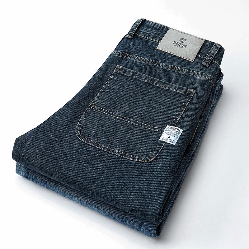 Trendy Blue-Gray Men's Plus Size Jeans - Straight, Loose Fit for Spring & Autumn