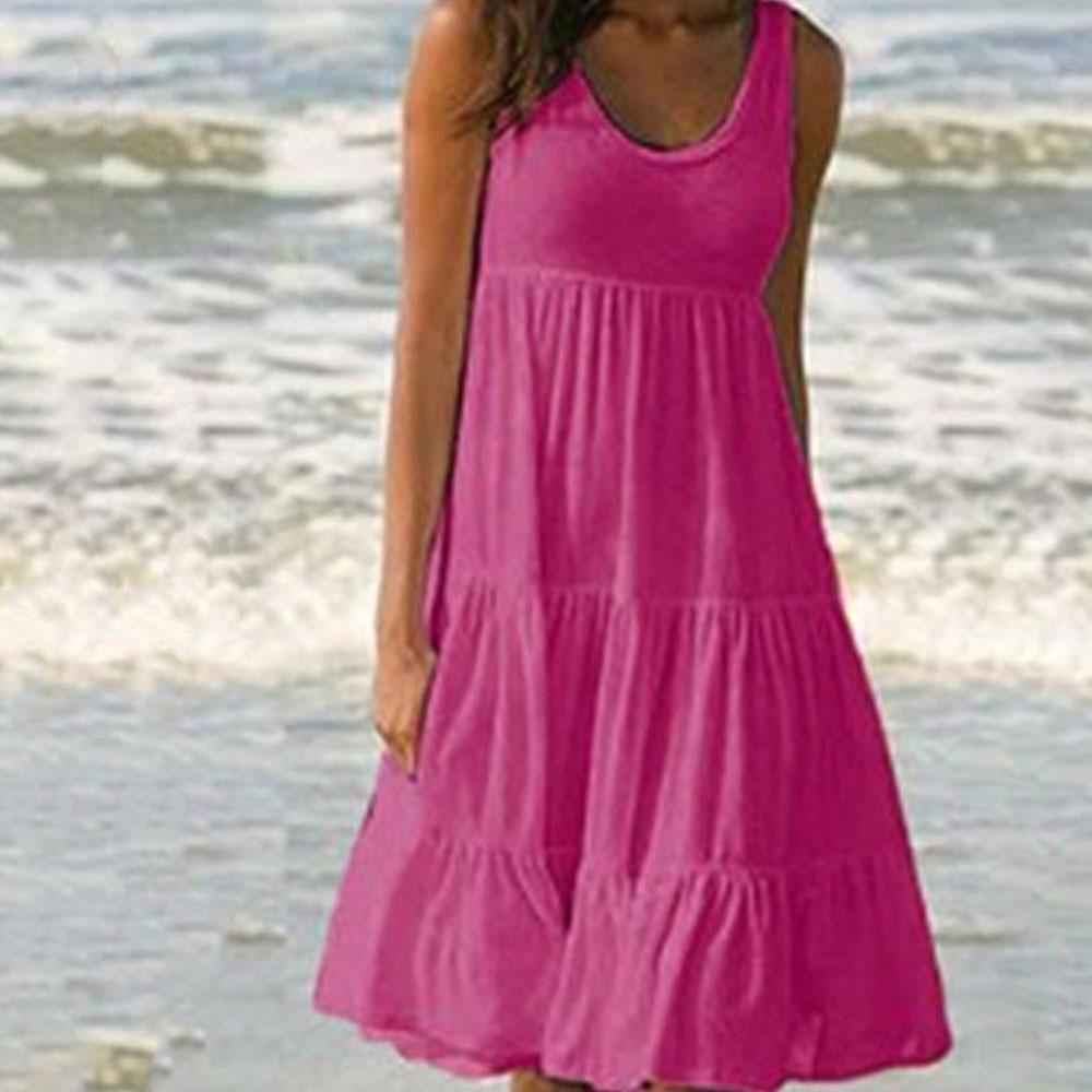 Letní bílé šaty s kulatým výstřihem, bez rukávů, s volánky, volné, plážové šaty pro ženy, boho, jednobarevné, elegantní letní šaty, klubová párty, midi šaty