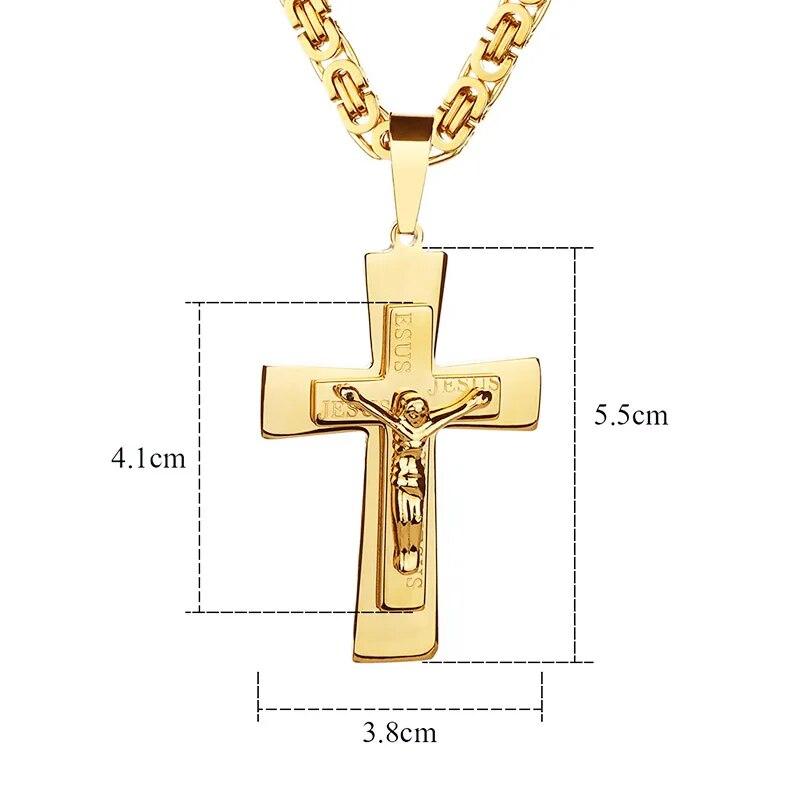 Catholic Jesus Christ Cross Pendant Necklace Stainless Steel Long Byzantine Chain Crucifix Cross Necklace