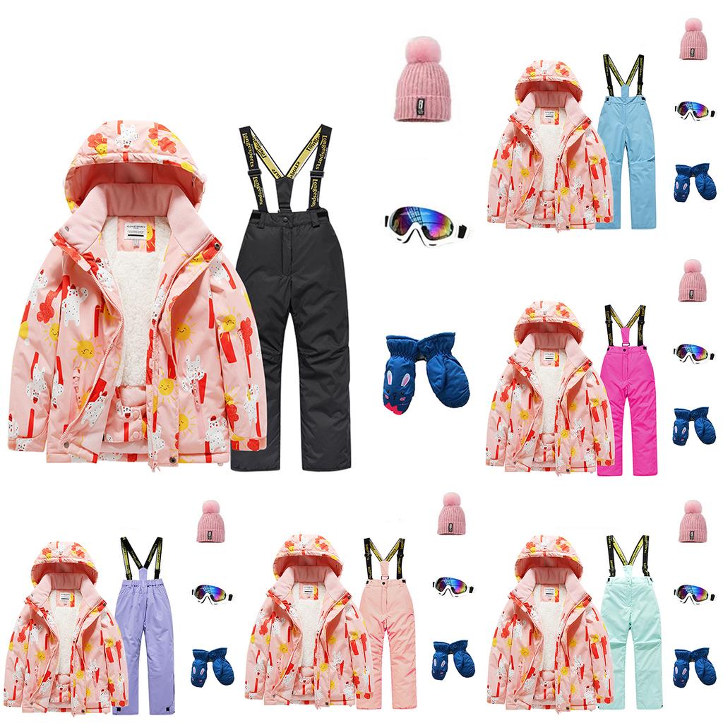 Dětská módní lyžařská souprava pro chlapce a dívky, zateplená, voděodolná, termo lyžařská souprava, pětidílný komplet s bundou a kalhotami