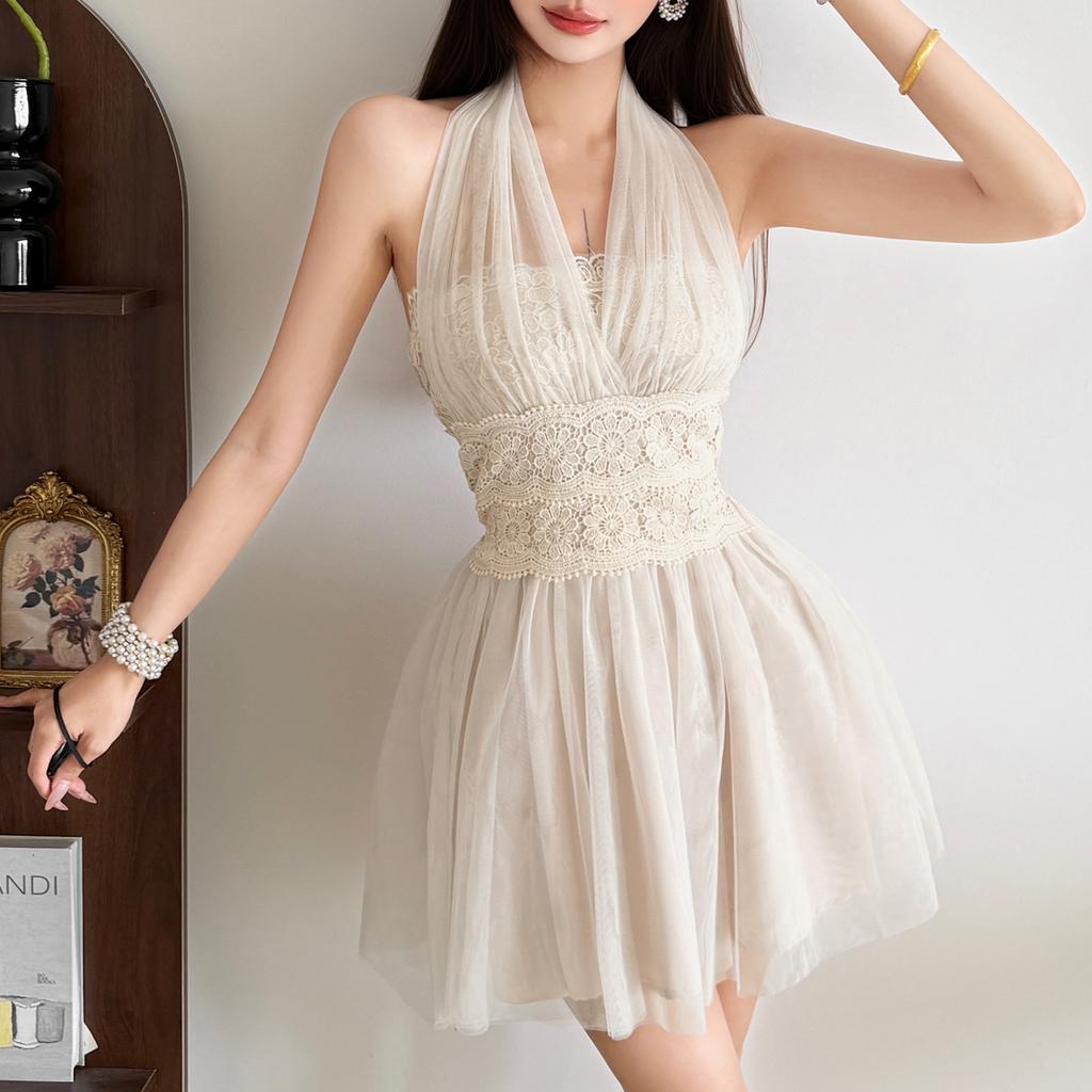 2026 European and American summer new niche irregular diversity mesh splicing waist thin dress women
