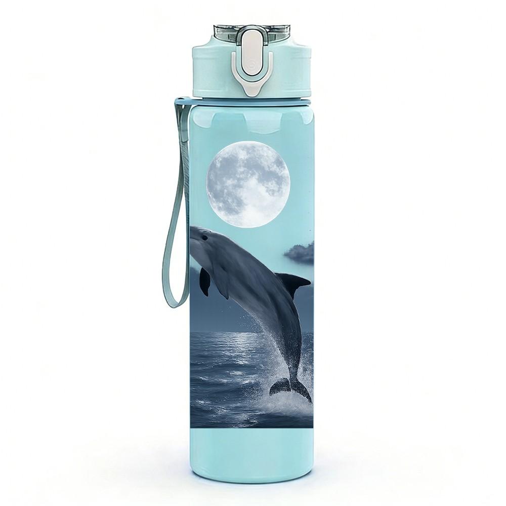 1PC Whale Jumping Ocean Wave Print 750ml Color Plastic Sports Water Bottle Leakproof Flip Straw Lid Suitable for Sports Office Home Use