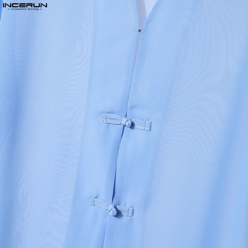 INCERUN Oversized Summer Men 3/4 Sleeve See Through Mesh Sheer Long Shirts Tops