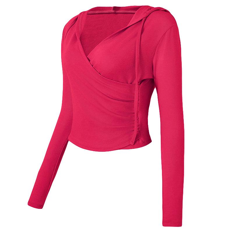 Women's Hooded Slim-Fit V-Neck Yoga Suit - Autumn & Winter Long-Sleeved Fitness Top for Running & Pilates