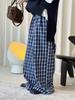 Xu Man Early Spring Retro Korean Blue & White Plaid Wide-Leg Casual Pants for Women - Multi-Button & Comfortable.