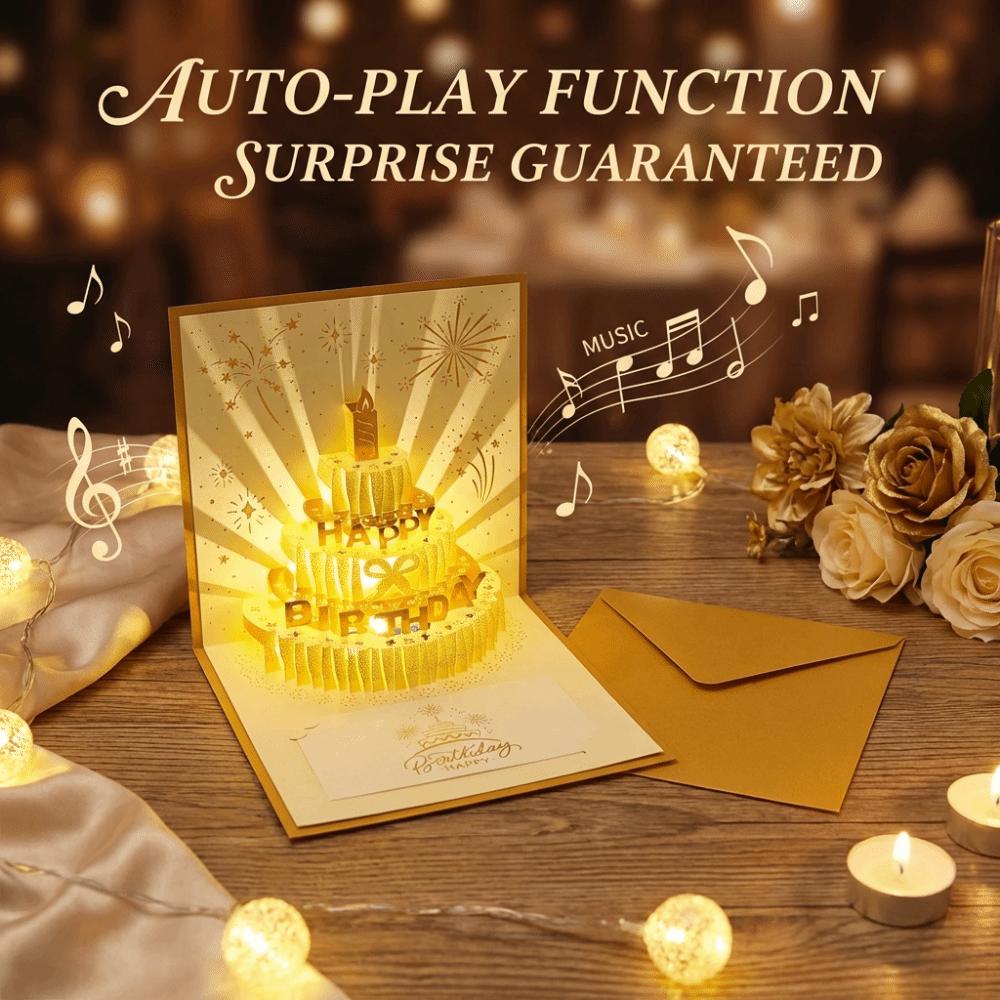 3D Happy Birthday Card with Automatic Music Lighting with Envelope Musical Light Greeting Card Pop Up Foldable Gift Card