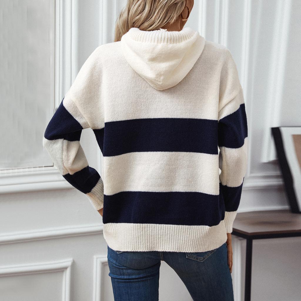 European and American hooded contrast color pullover sweater tops for women autumn and winter loose casual versatile women's sweater tops