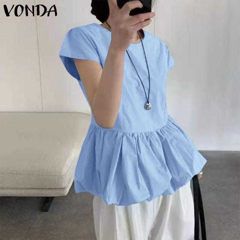 VONDA Summer Women Crew Neck Short Sleeve Solid Color Ruffled Casual Blouse