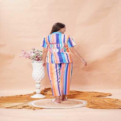 Multicolor Striped Co-ord Nightwear Set for Women (Full & Shorts Combo)