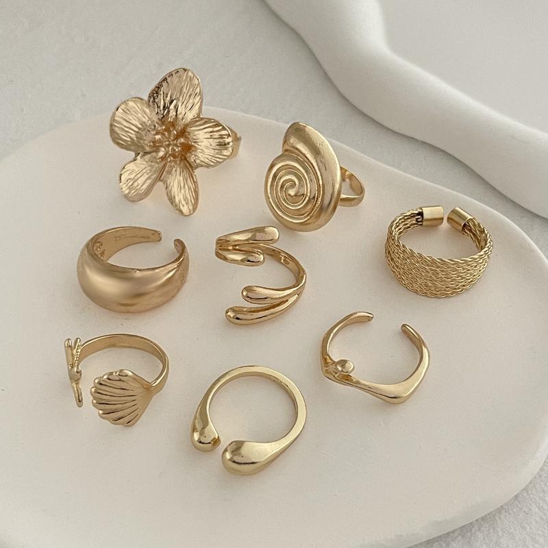 8 Stuks/Set Vintage Metalen Bloemblaadje Bloem Waterdruppel Open Ringen Voor Vrouwen Oceaan Vakantie Geometrische Ring Dagelijkse Sieraden Cadeau