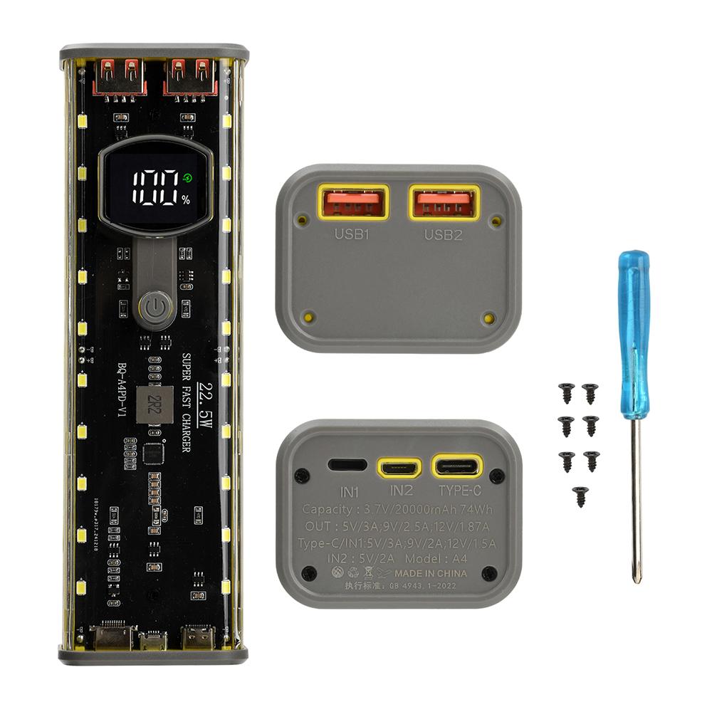 

4*21700 DIY Power Bank Case PD22.5W Transparent Quick Charge Battery Box LED Screen Battery Case Kit With Light For Huawei жовтий