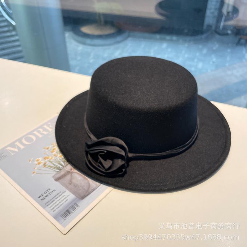 Rose flower strap flat top woolen top hat female autumn and winter warm sweet cute fashion versatile performance flat top hat