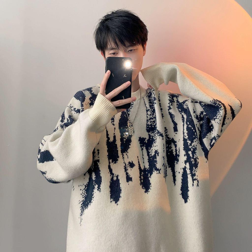Korean Tie-Dye Men's Sweater: Trendy 2026 Autumn/Winter Knitwear, Youthful Loose Fit