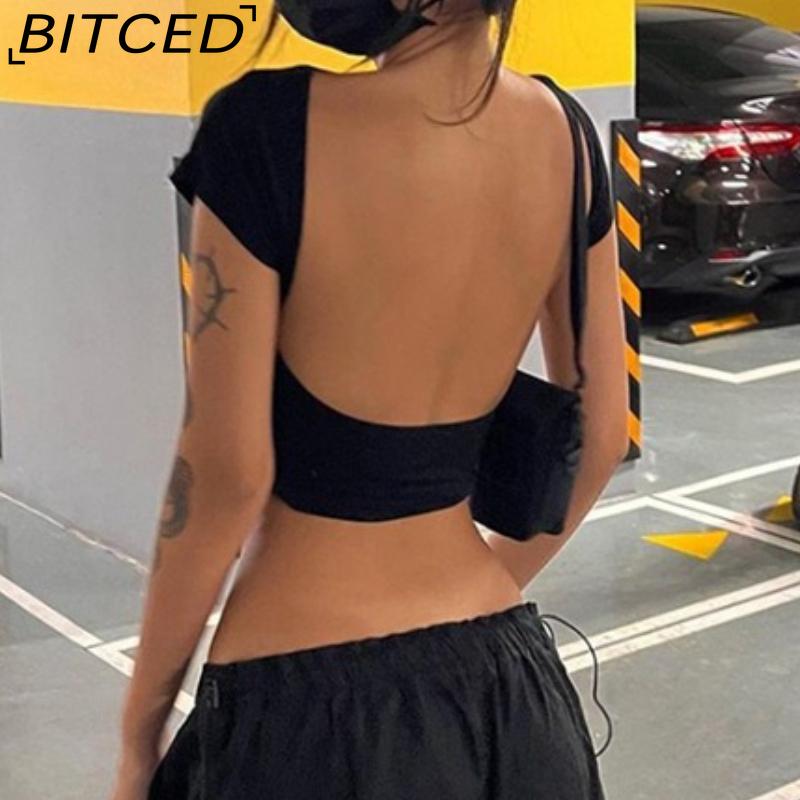 BITCED Wiosna/Lato Damski Modny T-Shirt w Jednolitym Kolorze, Dopasowany, z Dekoltem O, Zmysłowy, z Odkrytymi Plecami