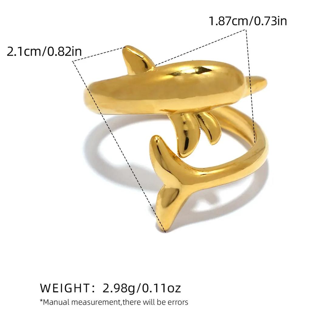 Exquisite Stainless Steel 18K Gold Plated Dolphin Design Ring Waterproof High Quality Ladies Jewelry for Daily Wear Vacation Etc
