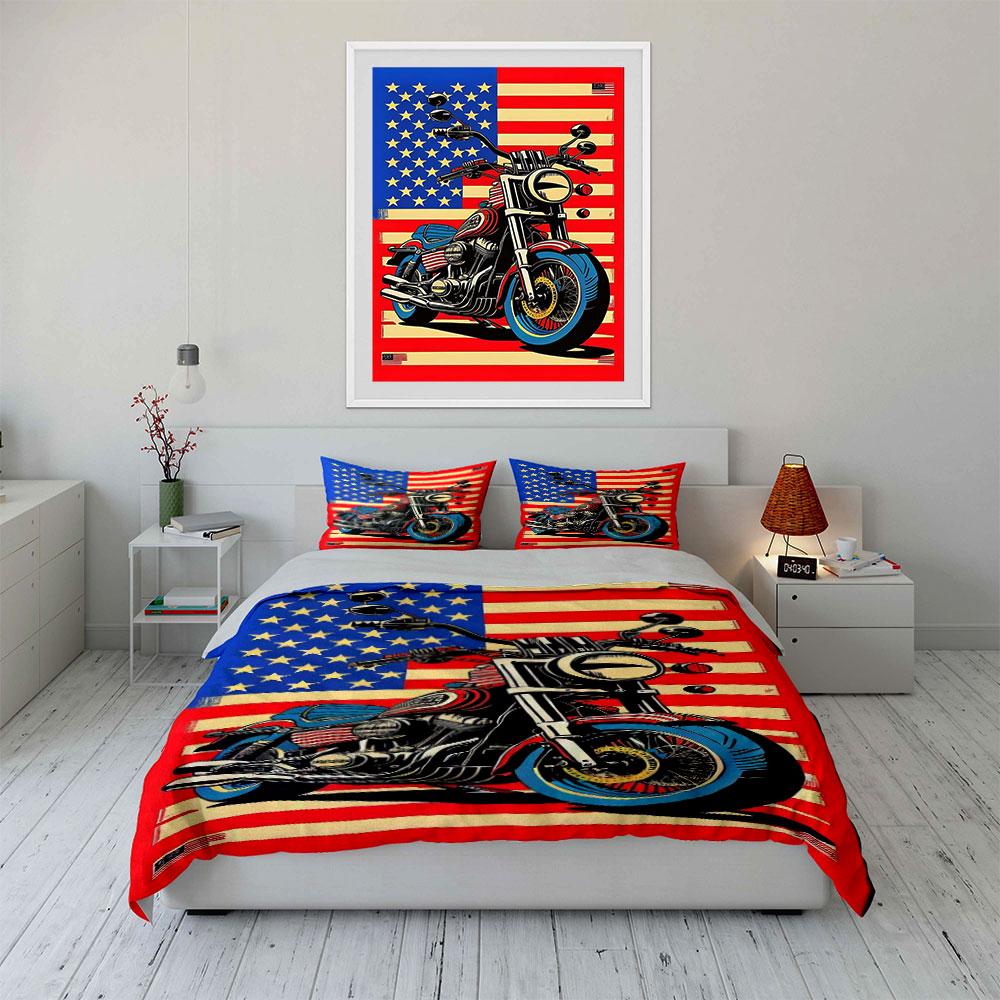 Motorcycle and American flag. Bedding sets Duvet cover sets Duvet covers Pillowcases(1*Duvet Cover 2*Pillowcases without duvet insert)