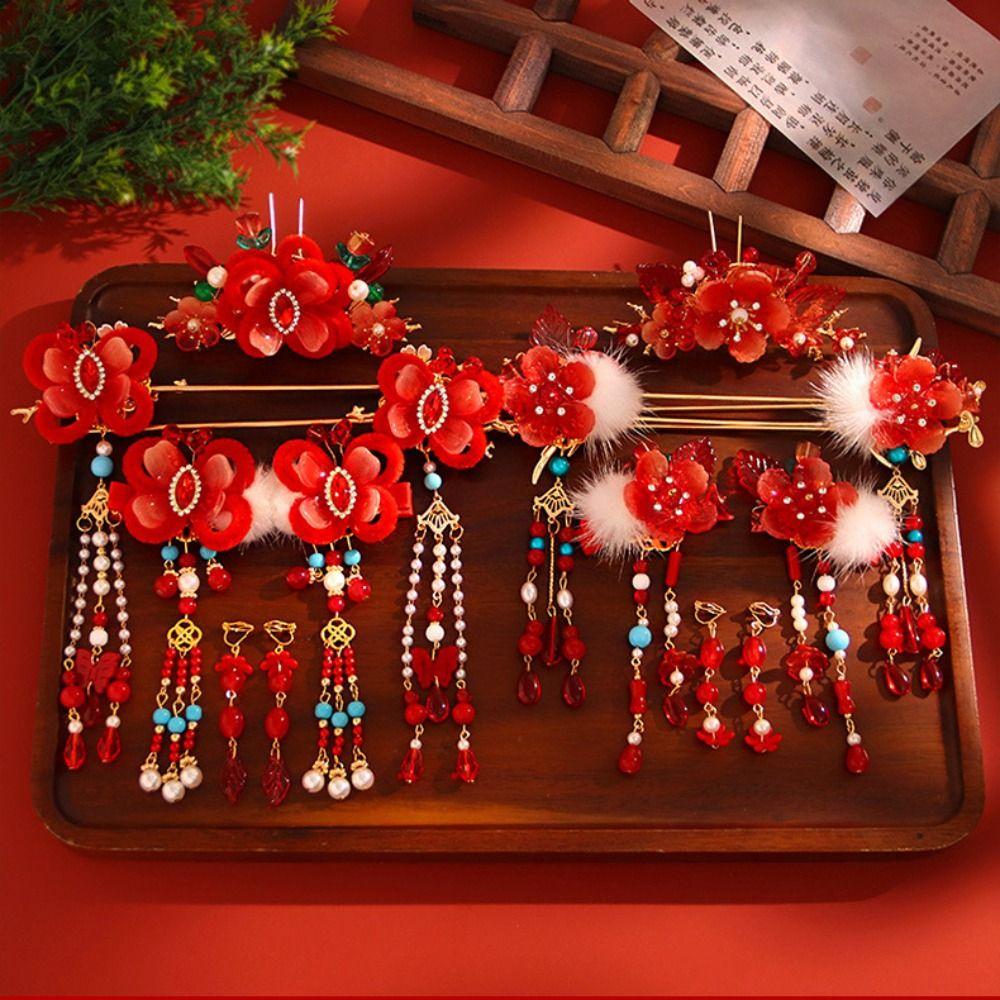 Tassel Chinese Style Hairpin Set New Year Flower Hair Comb Hanfu Hair Stick  Girl Hair Accessories