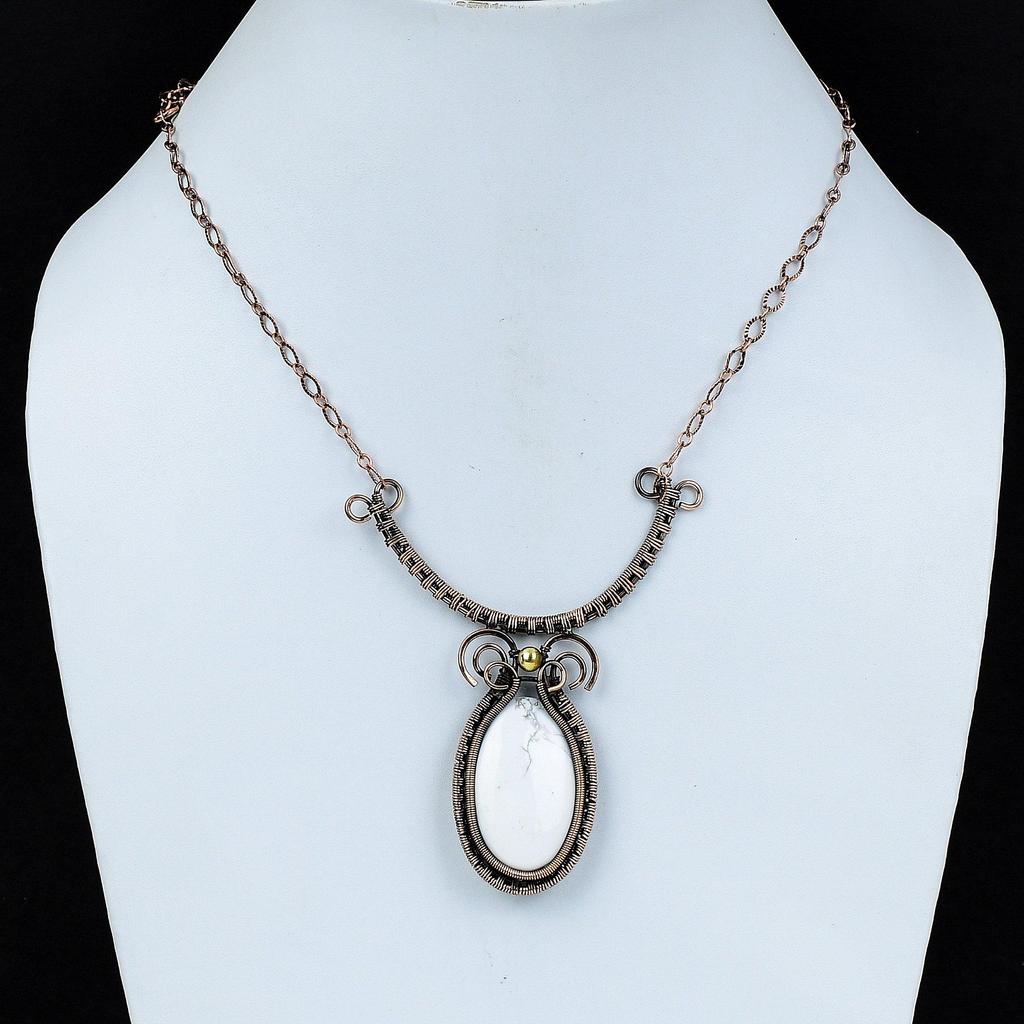 Howlite Necklace Copper Wire Wrapped Necklace Handmade Gemstone Jewelry Adjustable Necklace Copper Wire Wrapped Jewelry Gift For Anniversary