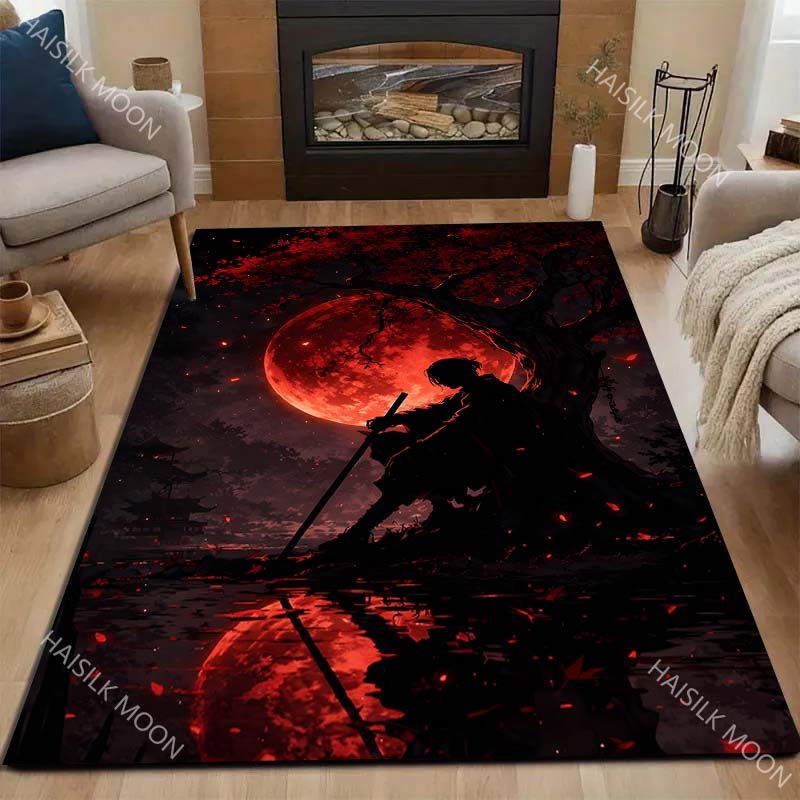 Blood Moon Samurai Silhouette Lakeside Print Carpet for Living Room Bedroom Sofa Home Decor Rus Non-slip Floor Mat Luxury Gift