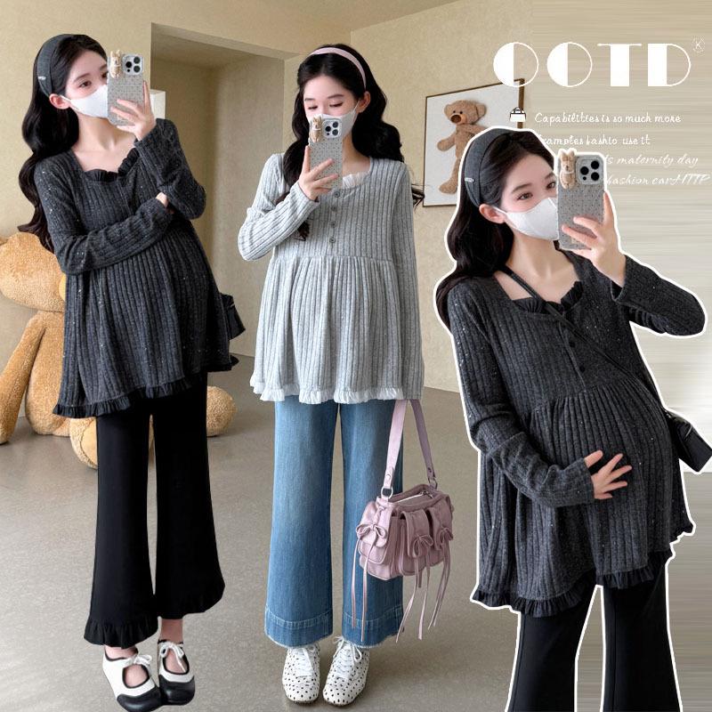 2026 Spring/Autumn Korean Style Maternity Sequin Knit Top: Belly Covering, Slimming, Elastic Fit