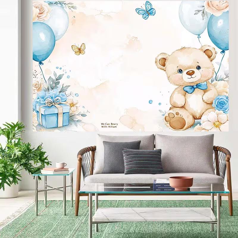 2D Watercolor Teddy Bear Backdrop, Blue Balloon Baby Shower Party Banner
