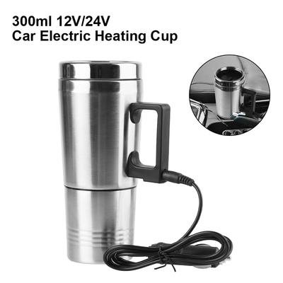 Chaleira elétrica de aquecimento para carro, aço inoxidável, acampamento, viagem, chaleira, portátil, água, café, leite, caneca térmica, veículo, copo de aquecimento 12V/24V 300ml