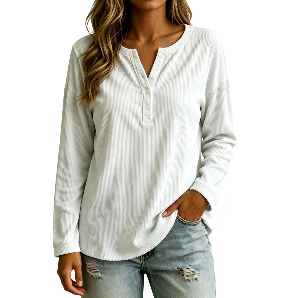 Women's Corduroy V-Neck Long Sleeve Top - Casual Loose Fit Blouse for Everyday Wear