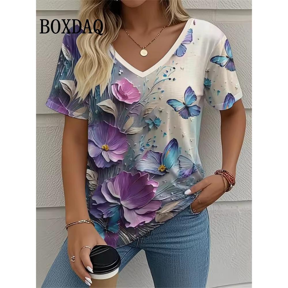 Summer retro floral T-shirt for women, tie dye 3D printed loose short sleeved shirt