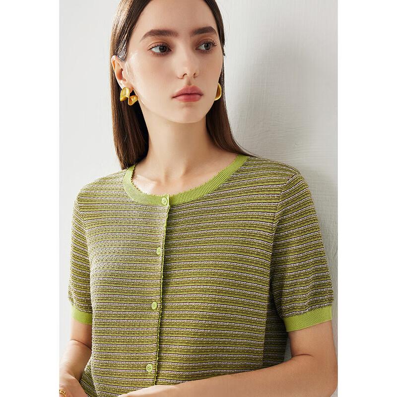 Women's Mulberry Silk Blend Striped Short Sleeve T-Shirt