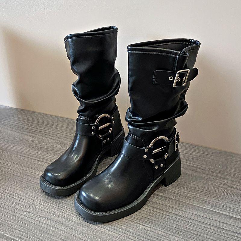 Fashion Leather Fleece-Lined Middle Heel Half High Boots for Women Comfortable and Elegant Y2k Large Size Warm Pu Mid Calf Shoes Woman