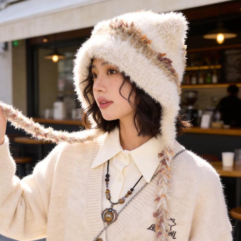 Autumn and winter hats, women's warm and cute cat ear wool hats, knitted hats, versatile and face-showing small literary headgear tide