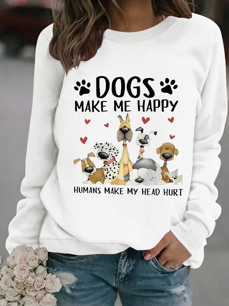 European American Cross Border Women Casual Autumn Winter Dog Print Pullover Round Neck Long Sleeve