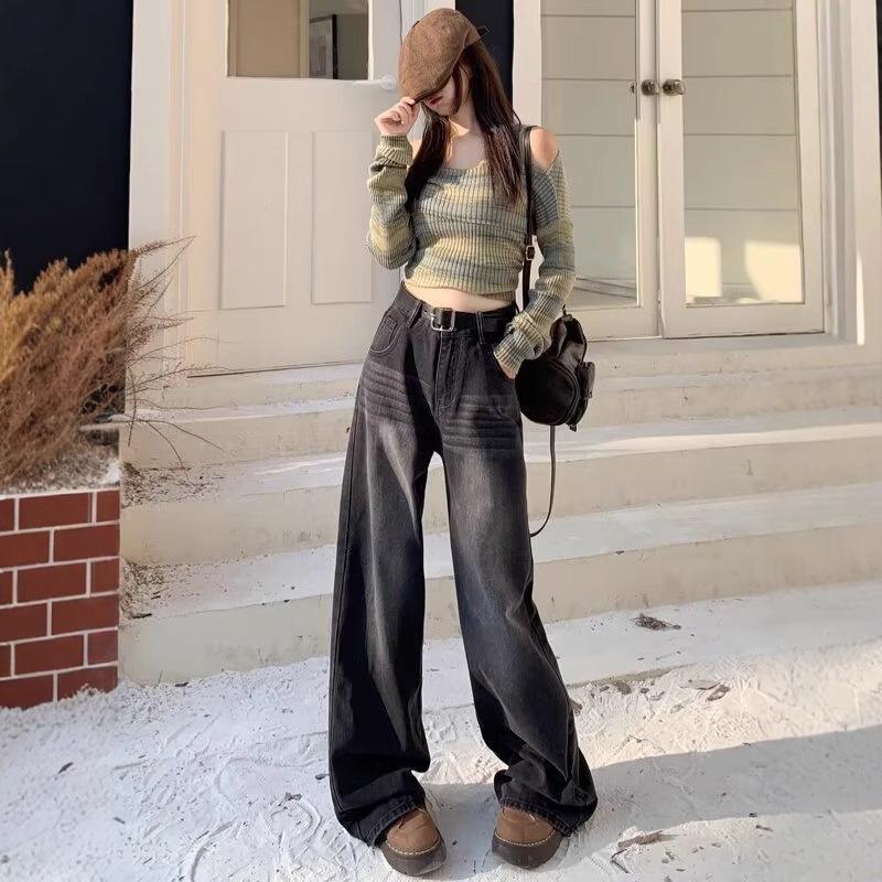 

Women s Trendy Loose Straight Wide Leg Jeans for Spring and Summer S черный серый