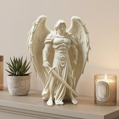 Rzeźba Anioła Męskiego ze Skrzydłami Drukowana 3D Biała Figurka Anioła Stabilna Podstawa Rzeźba Wojownika Anioła do Dekoracji Domu Biura Biurka Półki Prezent Ornament