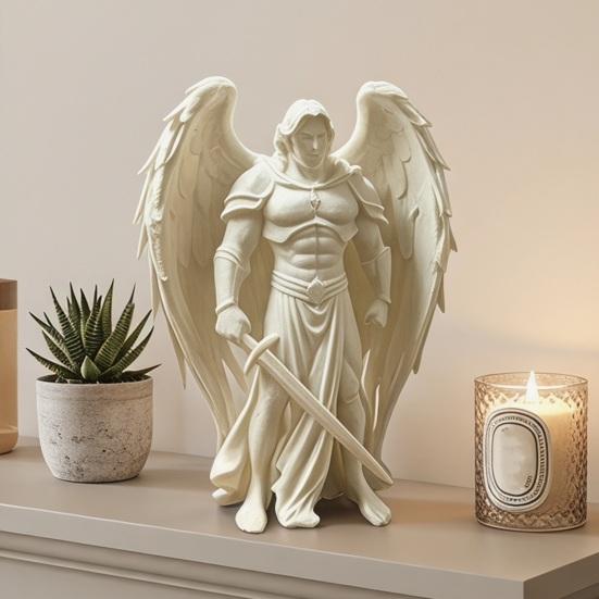 3D-gedruckte geflügelte männliche Engelsstatue Weiße Engelsfigur Stabile Basis Engelskrieger-Skulptur für Zuhause Büro Schreibtisch Regal Dekoration Geschenk Ornament