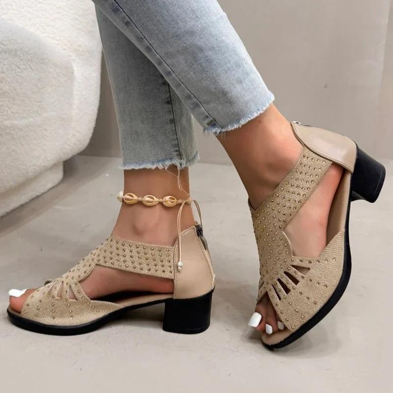 Ladies Shoes on Offer Summer Back Zipper Women's Sandals Fashion Crystal Office and Career Open Toe Best Seller Heeled Sandals