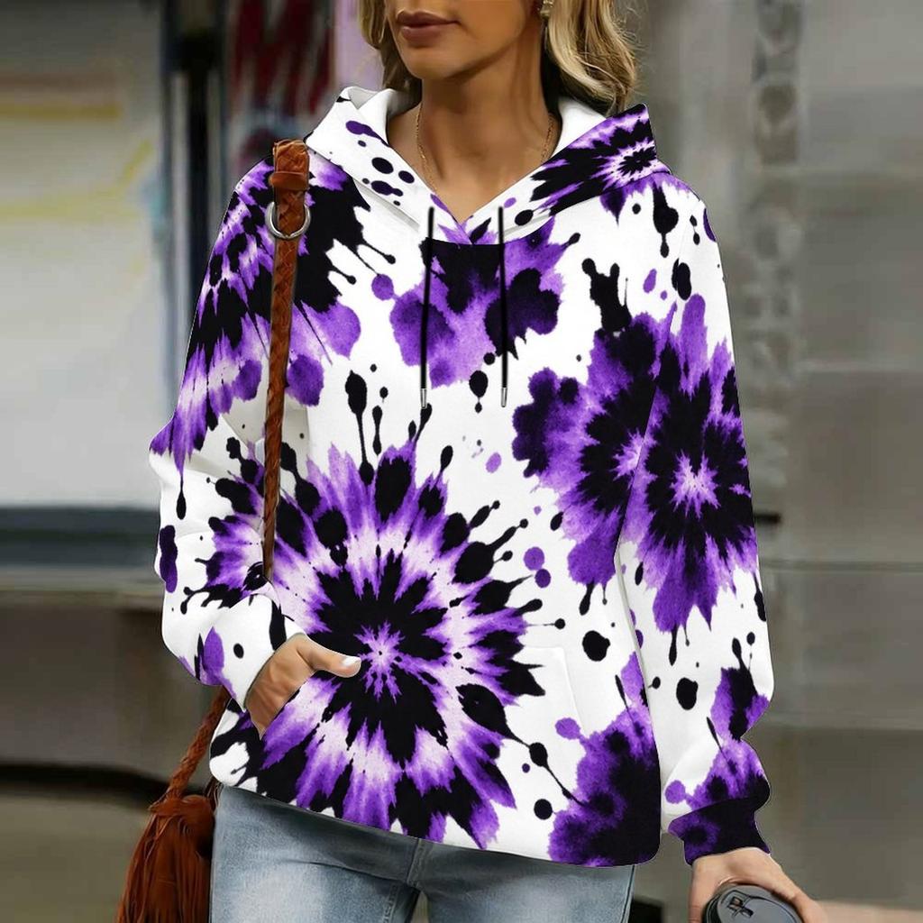 Women Plus Size Rainbow Swirl Print Long Sleeve Drawstring Hood Kangaroo Pocket Pullover Hoodie