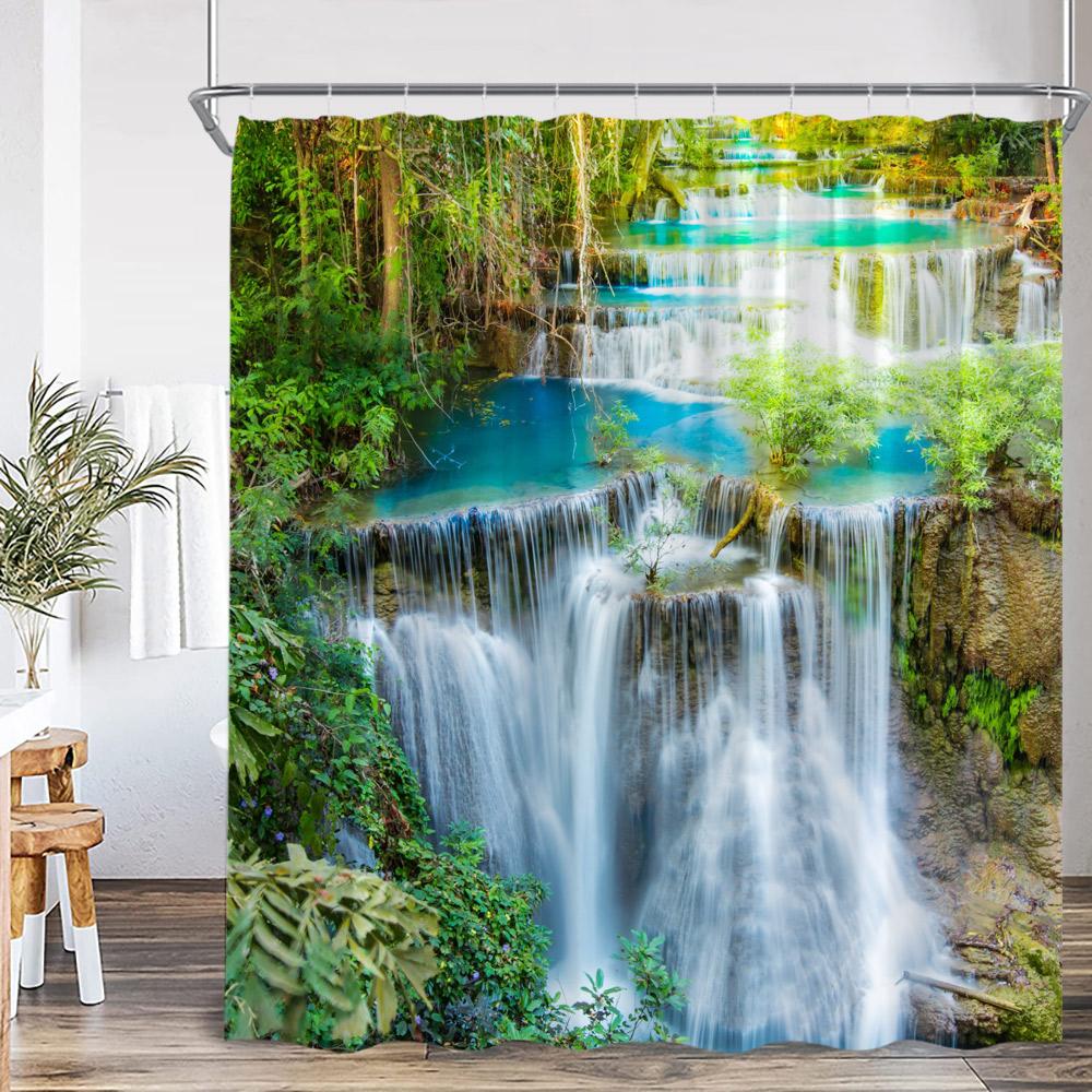 Natürliche Landschaft Wasserfall Wald Duschvorhang Landschaft Grüne Blätter Pflanzen Badezimmer Dekor Polyester Duschvorhang für Zuhause
