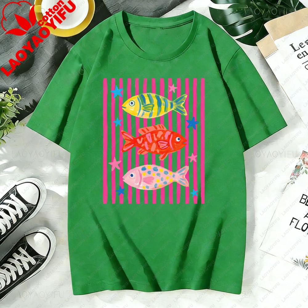 Bright Striped Fish Graphic Tee Y2k Pop Art Aesthetic Bold Pink Colorful Fish Print Nautical Summer Everyday Casual TShirt