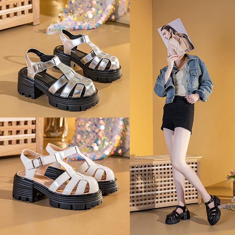 Baotou Roman Sandals Women's 2025 Summer New Leather Thick-soled Muffin Shoes Woven Hollowed-out Thick-heeled Pig Cage Shoes