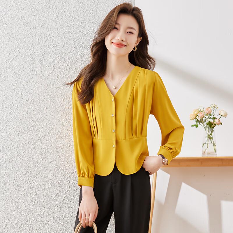Women's Pleated V-neck Long-Sleeve Shirt