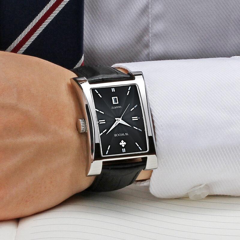 WWOOR Classic Fashion Mens Rectangle Watches Male Gold Brown Leather Quartz Waterproof Wrist Watch