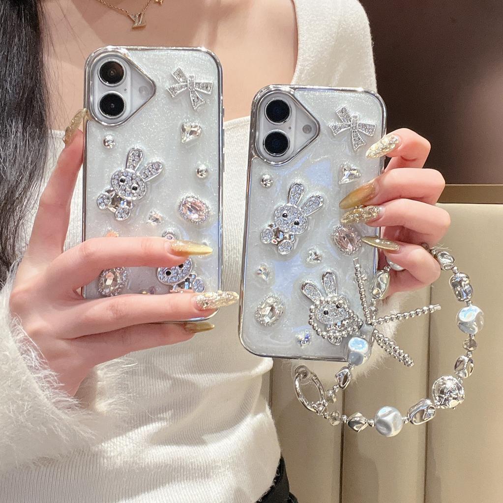 For iPhone 16 Case Glitter Rabbit Epoxy Protective Hybrid Phone Cover with Strap