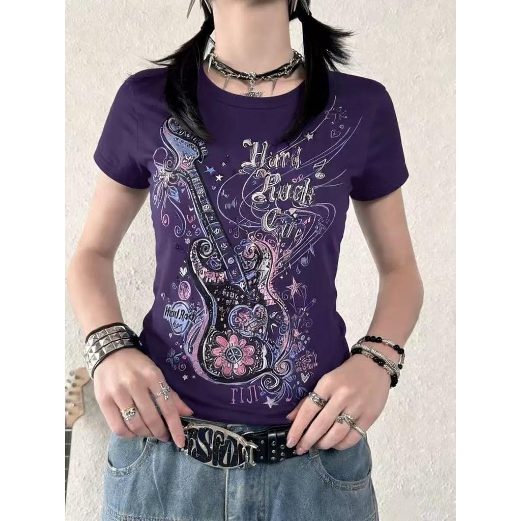 TrendHub Women's Subculture Vintage Purple Print T-Shirt Summer Y2k American Retro Slim Tees Casual Harajuku Grunge Fashion Tops New