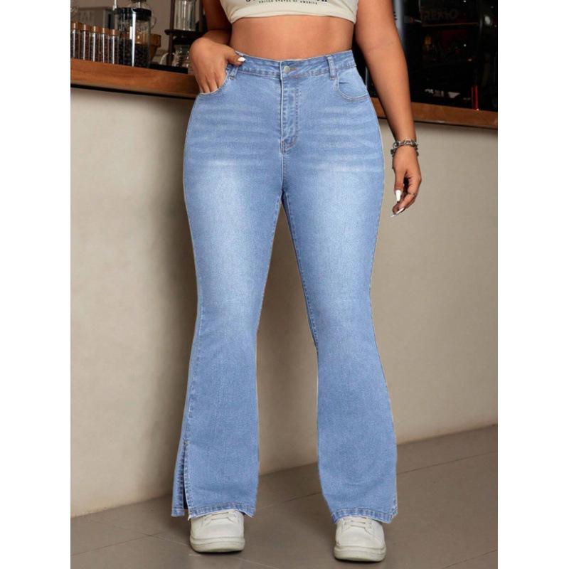 Women's Plus Size High-Waisted Flared Jeans with Slit Hem