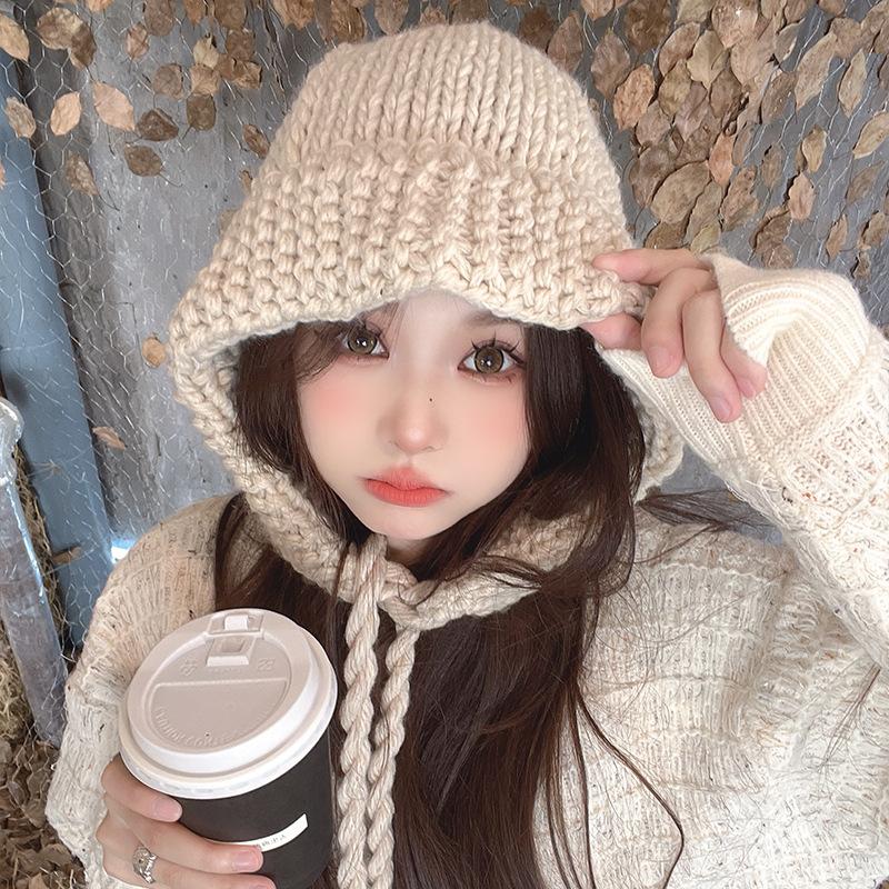 Korean New Hat for Women In Autumn and Winter Balaclava Versatile Warm Head Hat Neck Protection Knitted Wool Hat