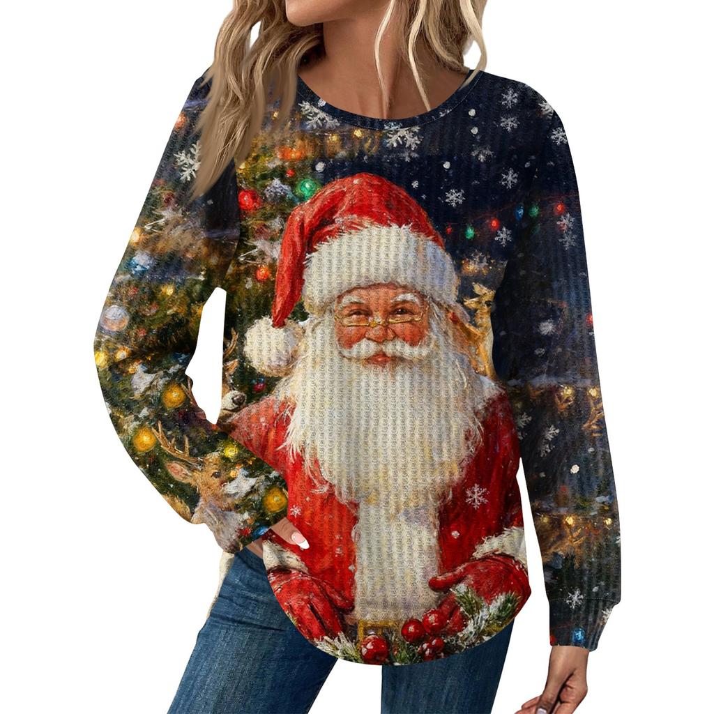 Dámská móda Ležérní Volný Top s kulatým výstřihem a dlouhým rukávem s vánočním potiskem