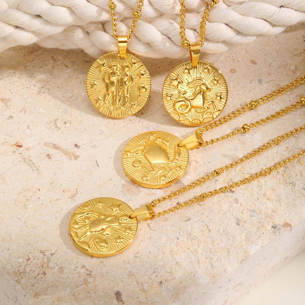 Stainless Steel Button Chain Bead Chain Twelve Constellations Alloy Relief Round Card Design Sense Necklace Nc-1966