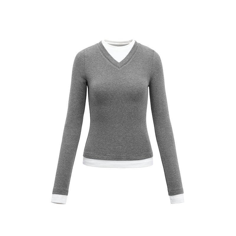 

Teeshe Women s Faux Two-Piece V-Neck Color Block Slim Fit Long Sleeve T-Shirt - Autumn Collection Medium хизер серый