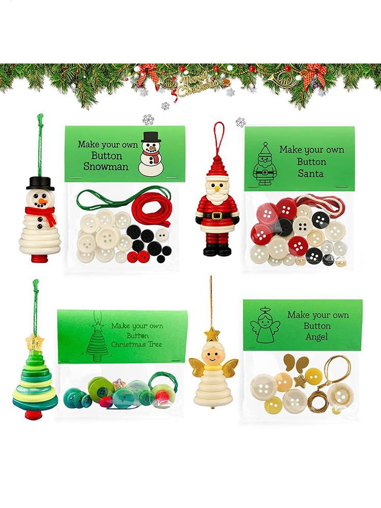 DIY 4pcs Christmas Button Ornament Making Kit Christmas Snowman/Santa Claus/Christmas Tree/Angel Button Pendant Making Set